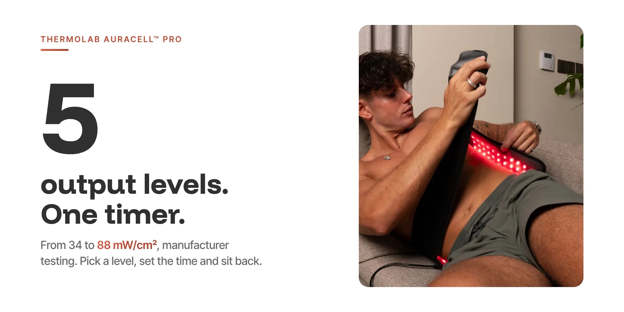ThermoLab Auracell Pro red light belt with five output levels from 34 to 88 mW/cm² and a built-in timer