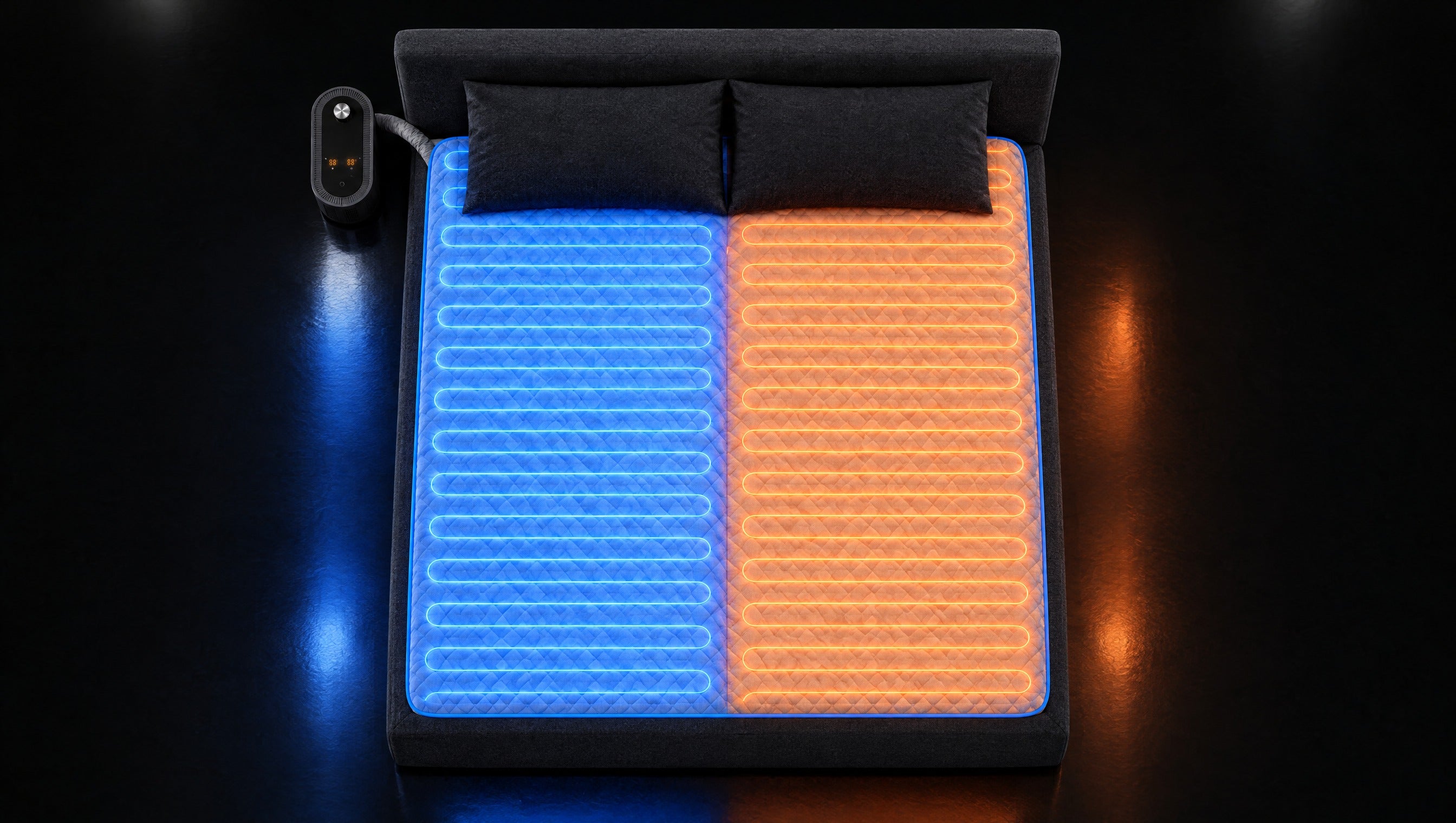 Bed seen from above with a cool side and a warm side