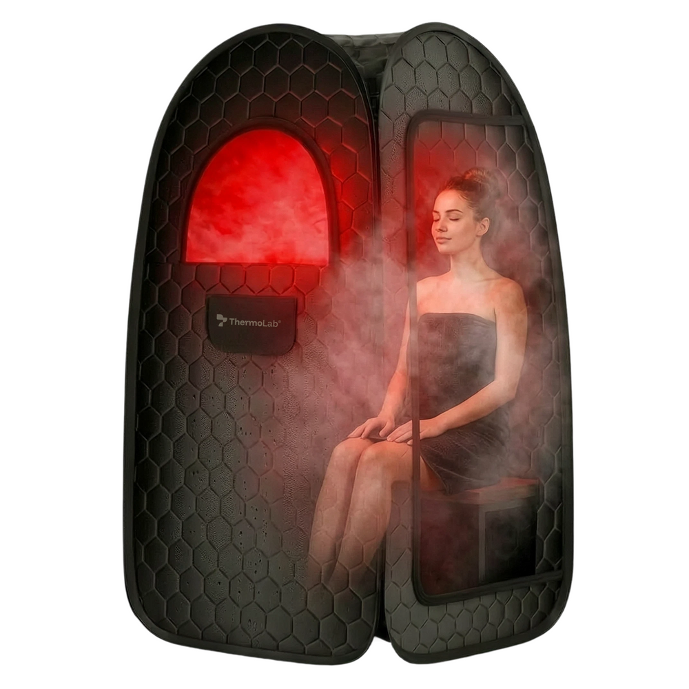 ThermoLab AuraCore Pro Pop-Up portable home steam sauna – steel pop-up frame with folding chair