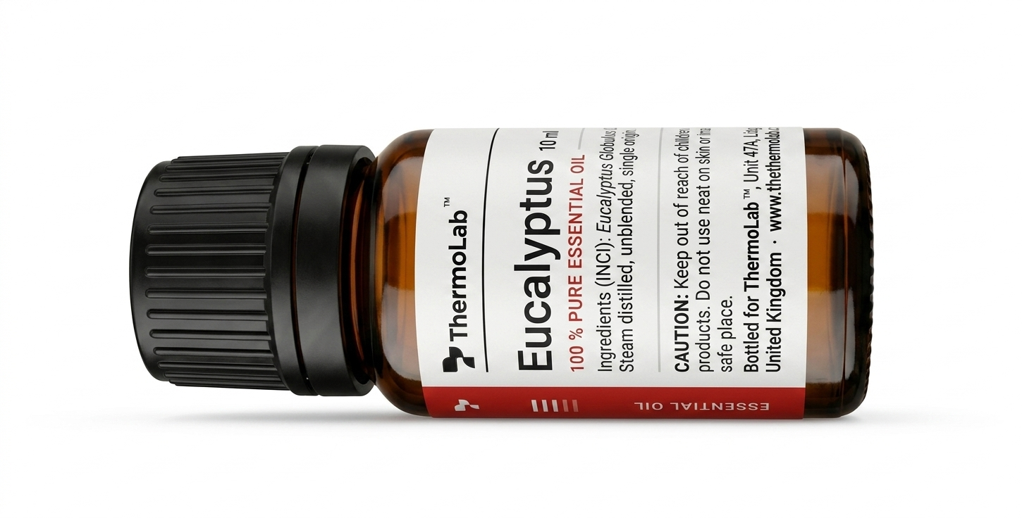 ThermoLab 10ml eucalyptus essential oil bottle lying on its side showing the full wraparound label