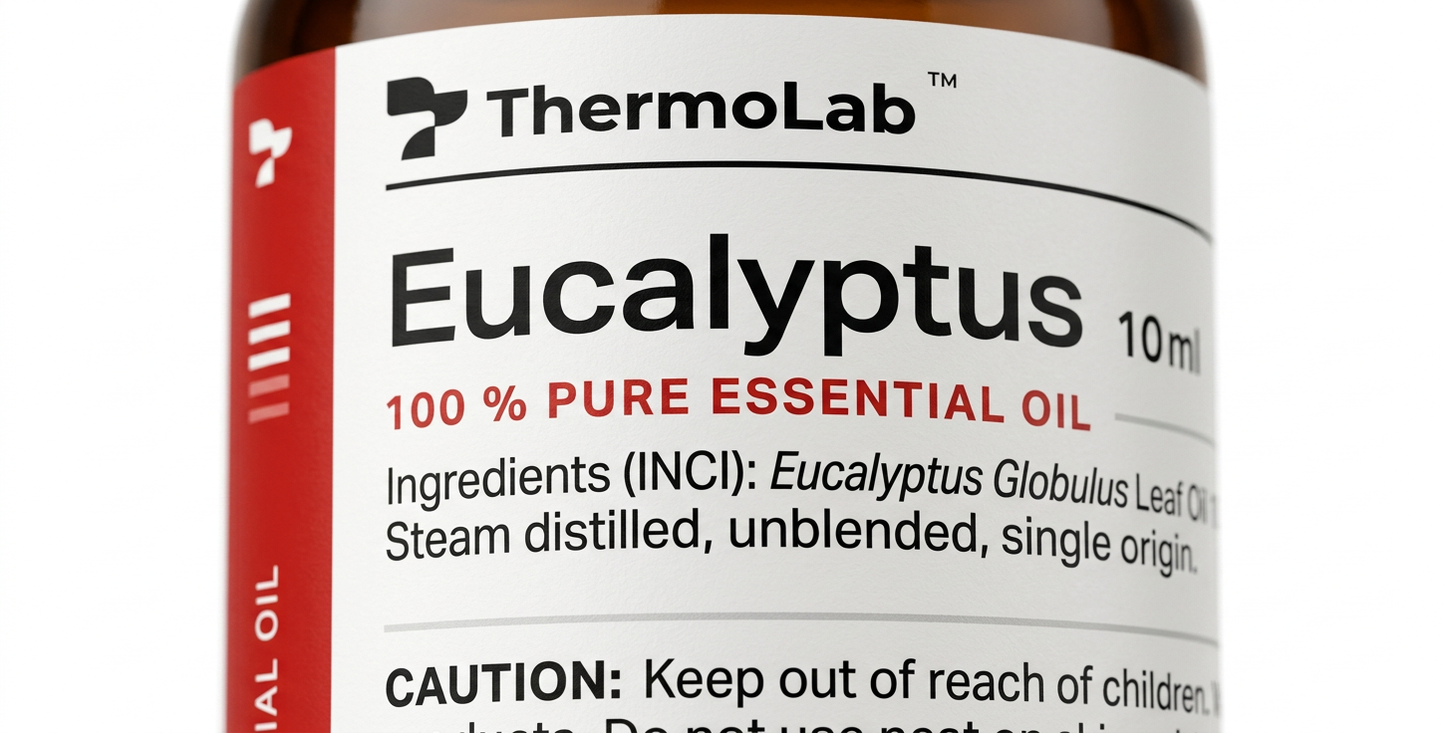 Macro detail of the ThermoLab eucalyptus label: 100% pure Eucalyptus globulus leaf oil, steam distilled, unblended, single origin