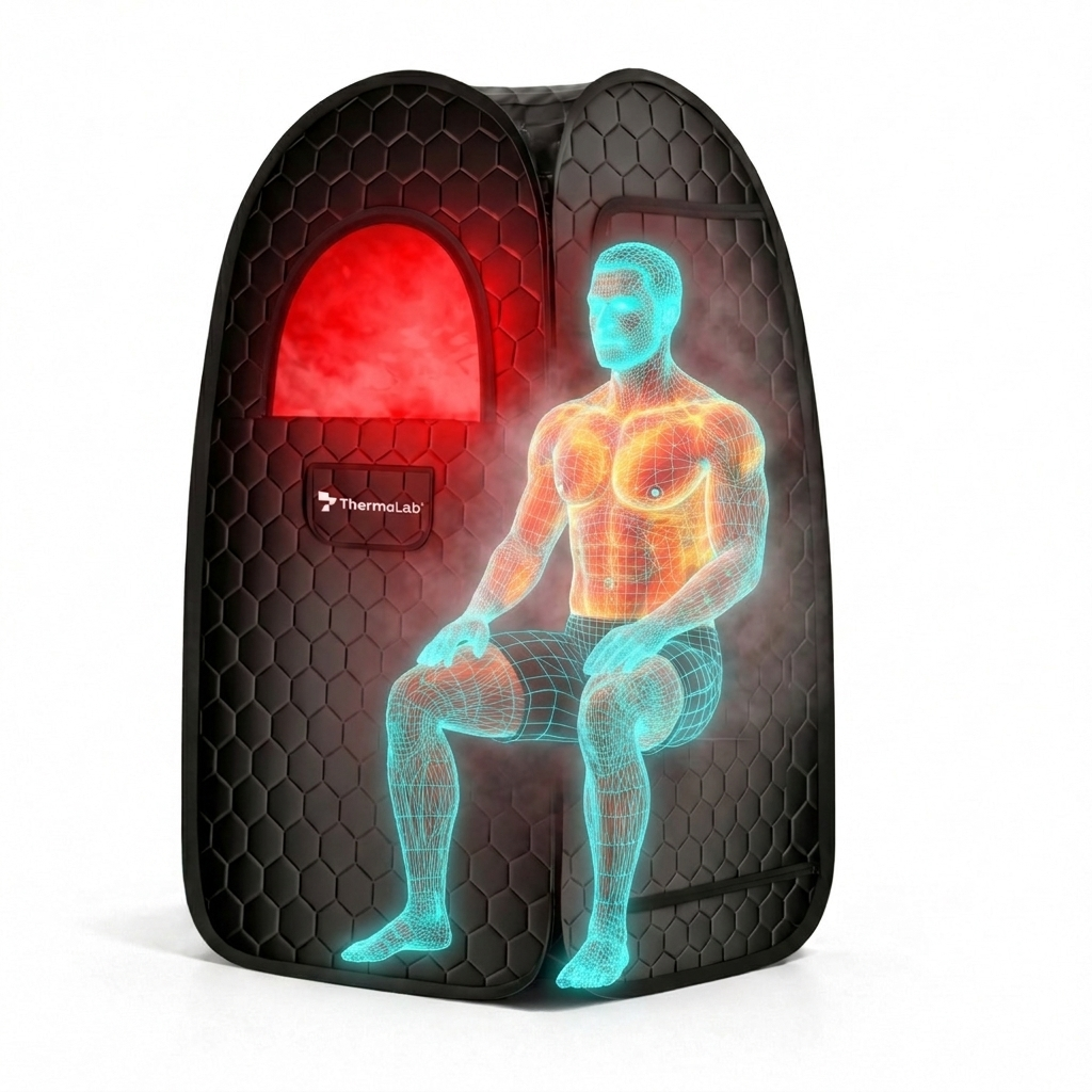 Man relaxing in the ThermoLab Pro Portable pop-up steam sauna