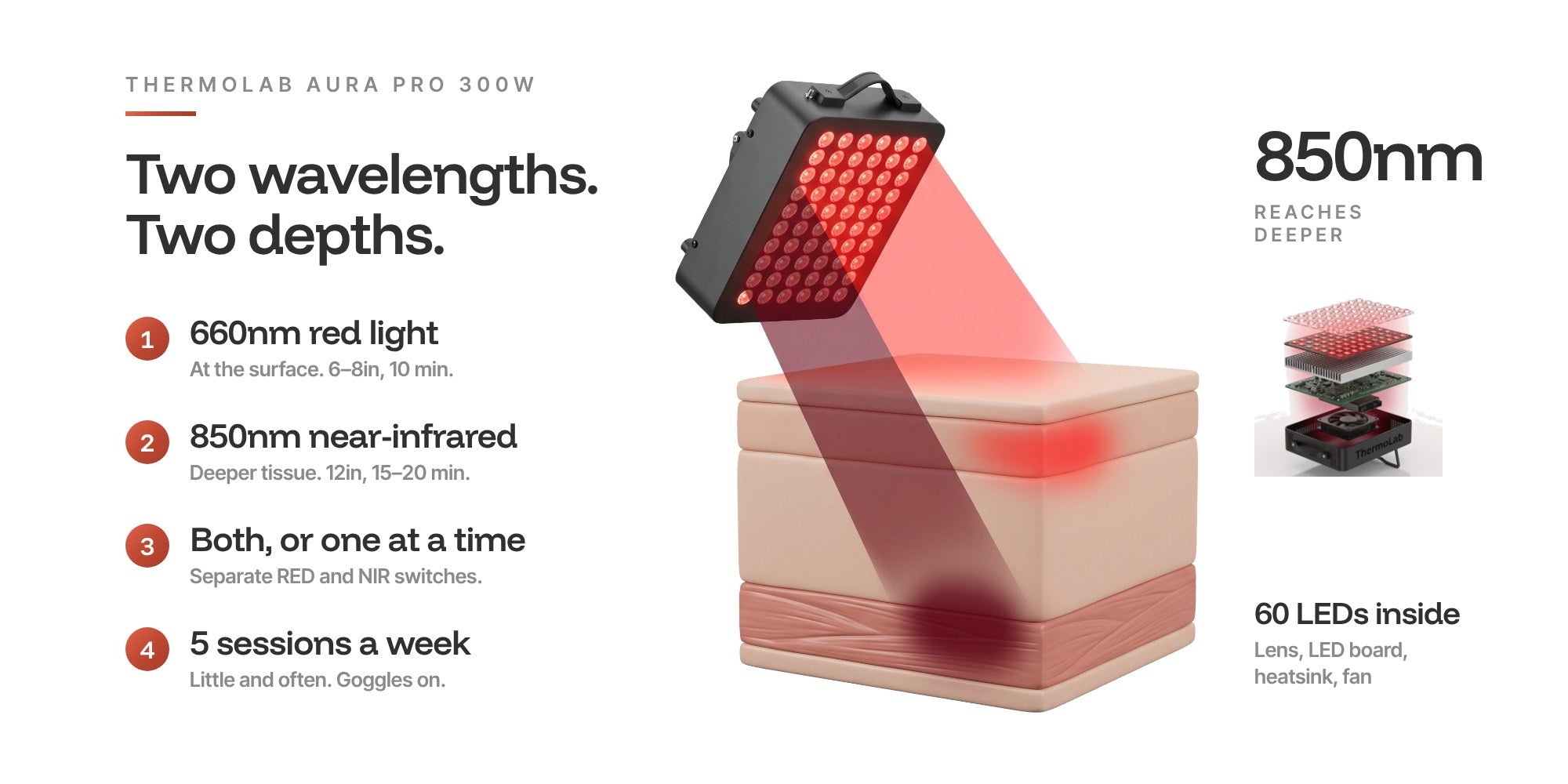 How the ThermoLab Aura Pro 300W works: 660nm red light at the skin surface, 850nm near-infrared reaching deeper tissue