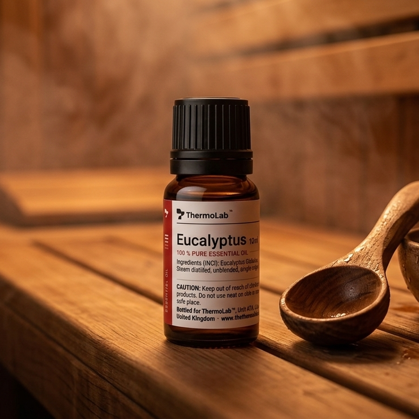 ThermoLab eucalyptus essential oil on a sauna bench beside a wooden ladle and water bowl