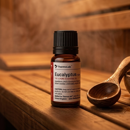 ThermoLab eucalyptus essential oil on a sauna bench beside a wooden ladle and water bowl