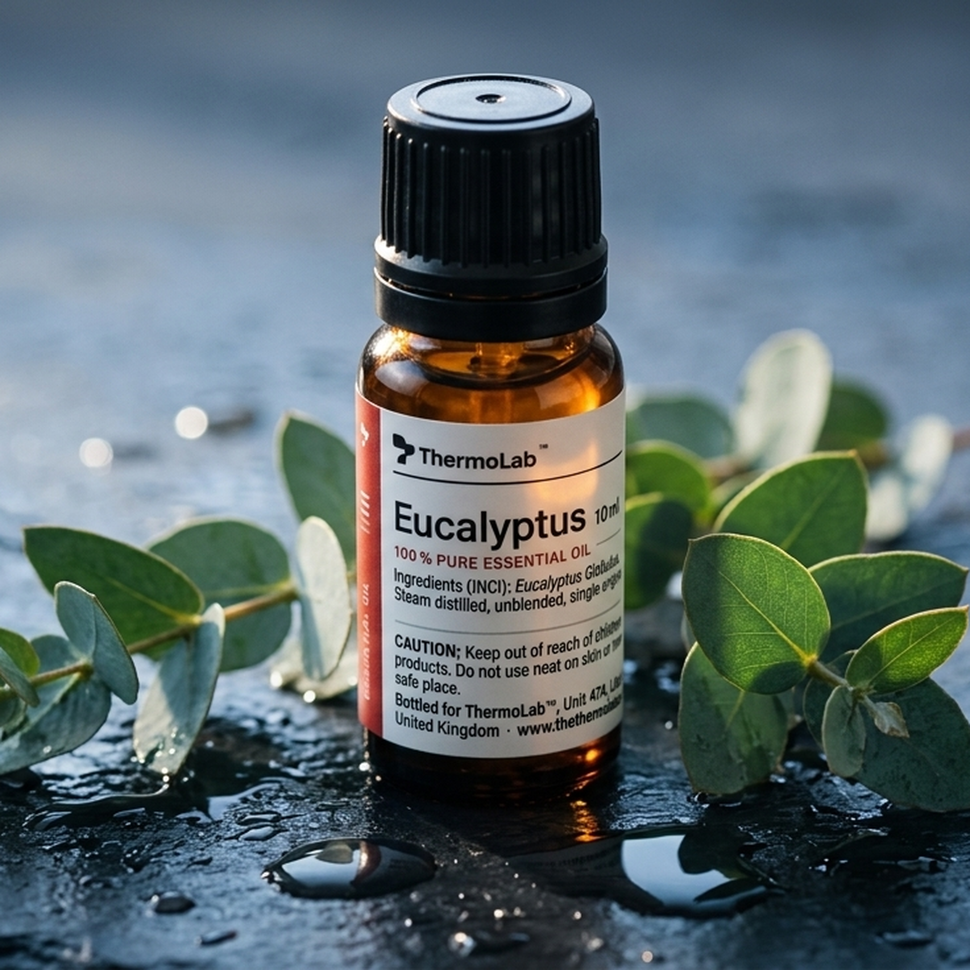 ThermoLab eucalyptus essential oil bottle with fresh eucalyptus sprigs on wet slate