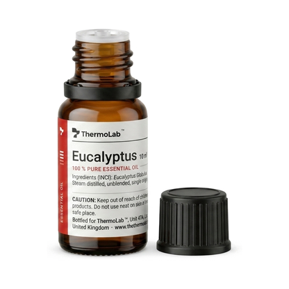 ThermoLab eucalyptus essential oil bottle with the cap removed, showing the controlled dropper insert