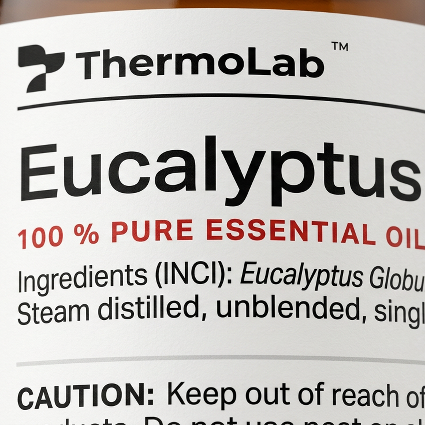 Close-up of the ThermoLab eucalyptus label: 100% pure Eucalyptus globulus, steam distilled, unblended, single origin