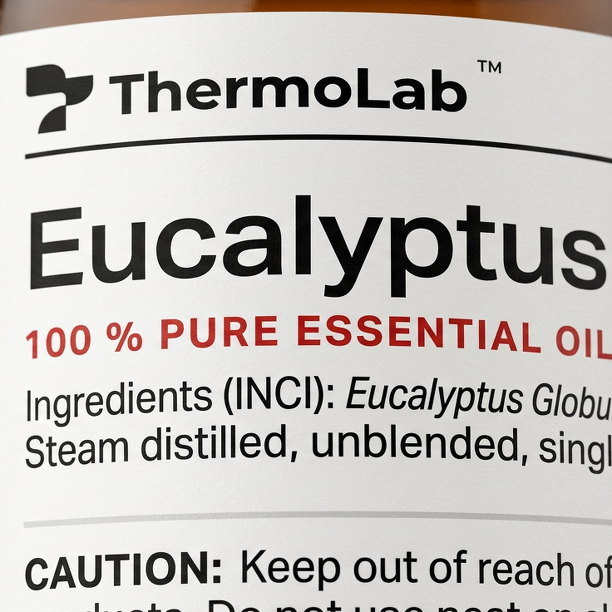 Close-up of the ThermoLab eucalyptus label: 100% pure Eucalyptus globulus, steam distilled, unblended, single origin