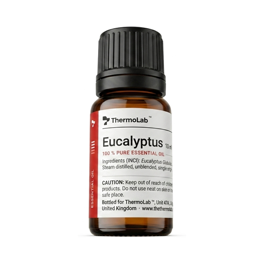 ThermoLab 10ml amber glass bottle of 100% pure eucalyptus essential oil, front view