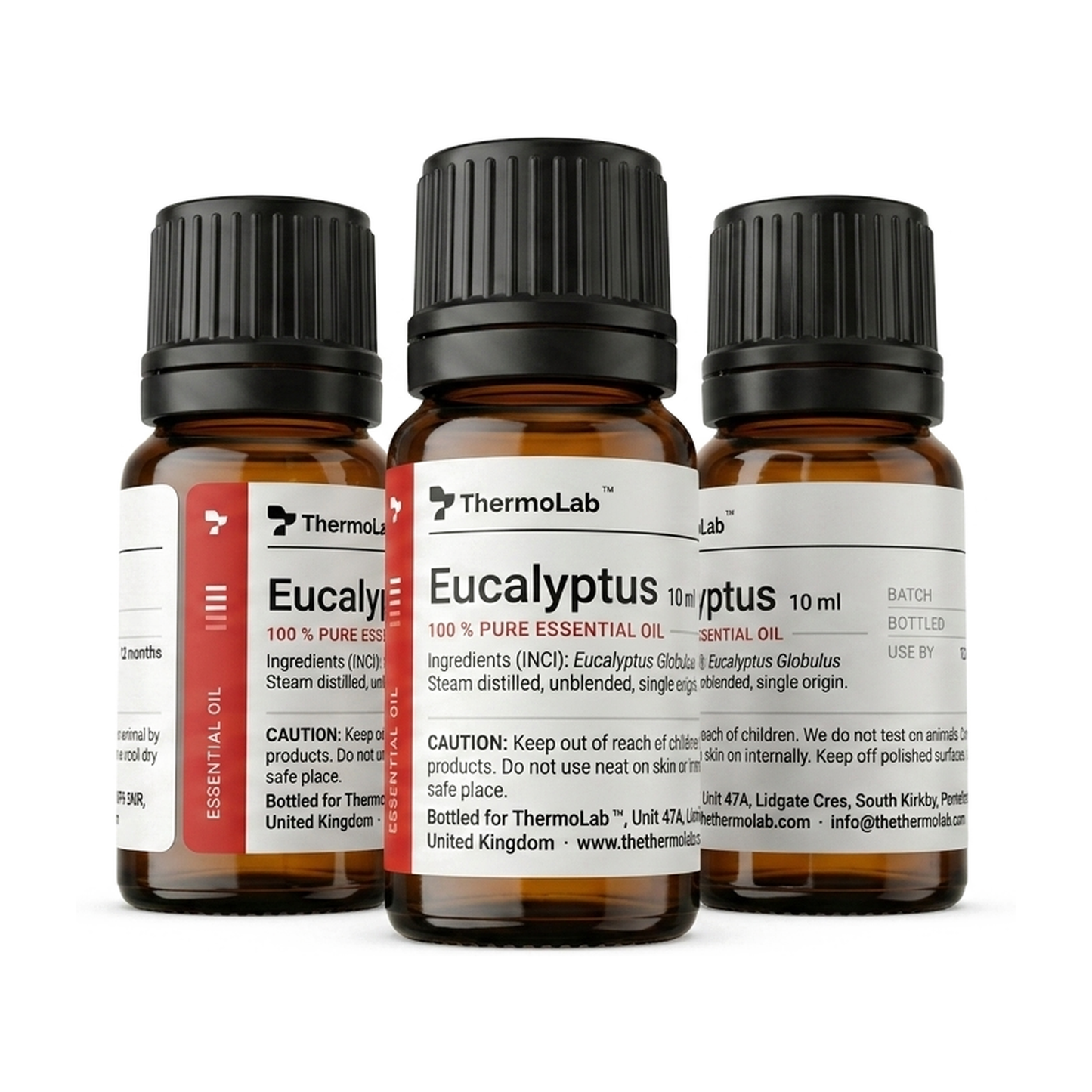 Three ThermoLab eucalyptus oil bottles showing the front, ingredients and batch panels of the label