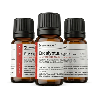 Three ThermoLab eucalyptus oil bottles showing the front, ingredients and batch panels of the label