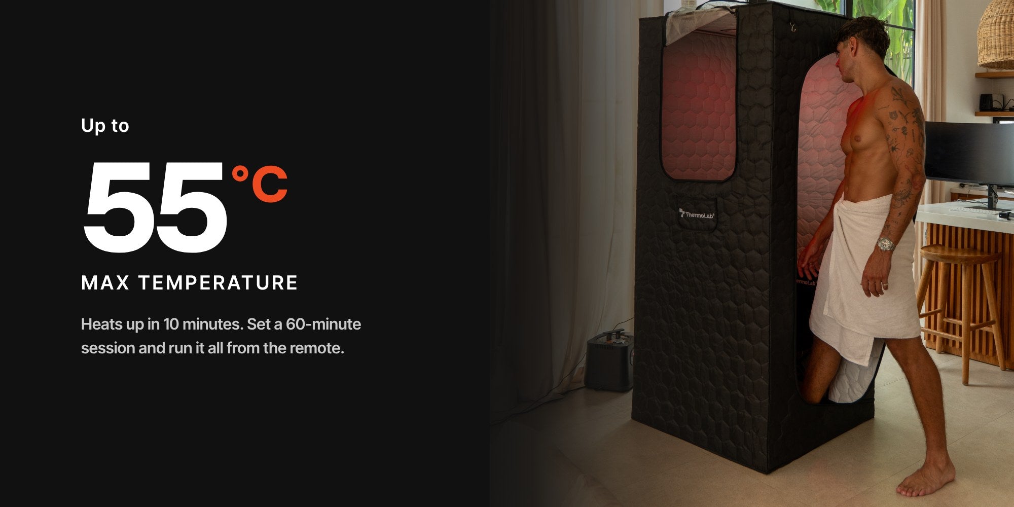 ThermoLab AuraCore 6FT Pro portable steam sauna. Up to 55°C max temperature. Heats up in 10 minutes. Set a 60-minute session and run it all from the remote.
