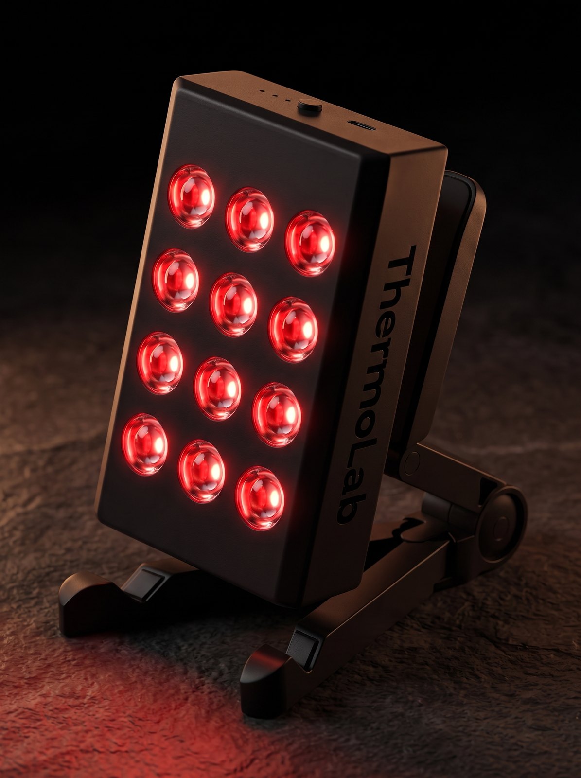 ThermoLab Aura Mini glowing on its fold-out stand