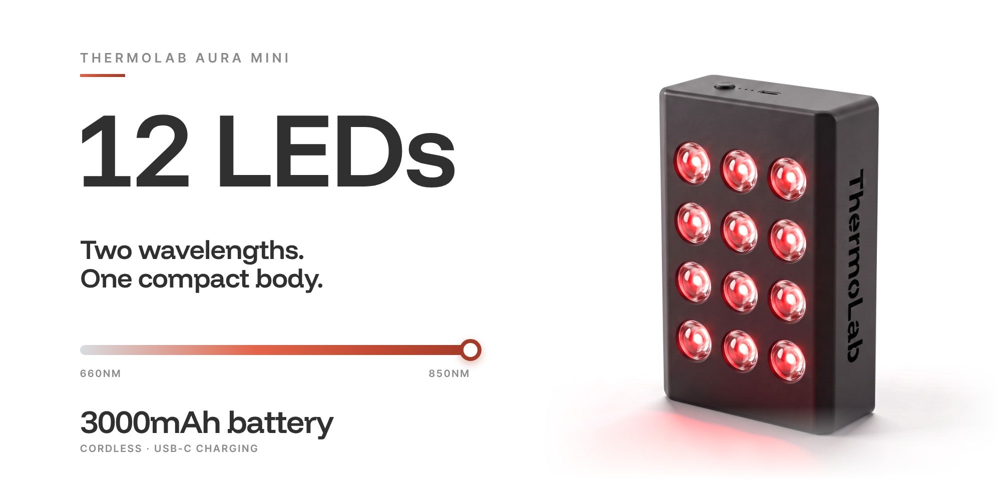 ThermoLab Aura Mini: 12 LEDs, 660nm red and 850nm near-infrared, 3000mAh battery with USB-C charging.